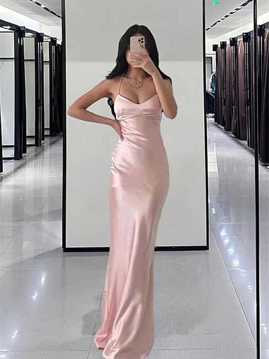 Simple Pink Soft Satin Straps Prom Dress, Pink Satin Party Dress Evening Dress