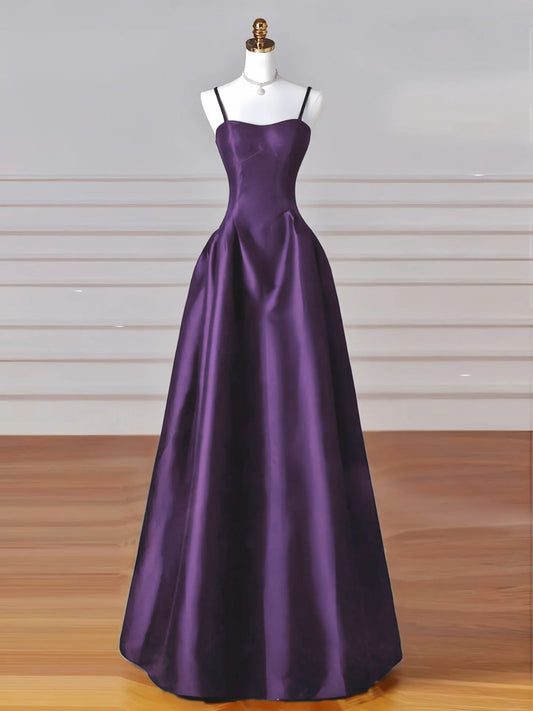 Purple A-line Satin Sweetheart Simple Floor Length Prom Dress, Purple Long Party Dress