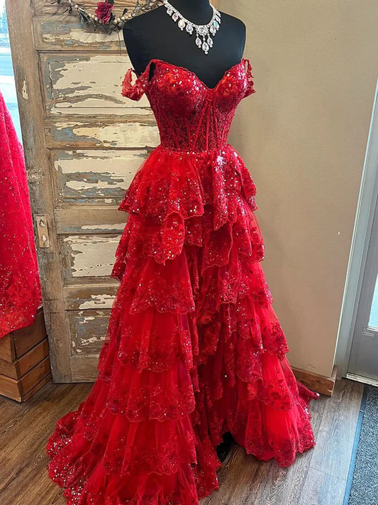 Red Sweetheart Tulle Off Shoulder Layers Long Party Dress, A-line Red Tulle Prom Dress