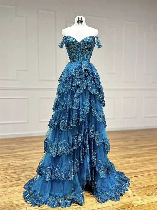 Blue Tulle Beaded with Lace Sweetheart Long Party Dress, Off Shoulder Blue Prom Dress