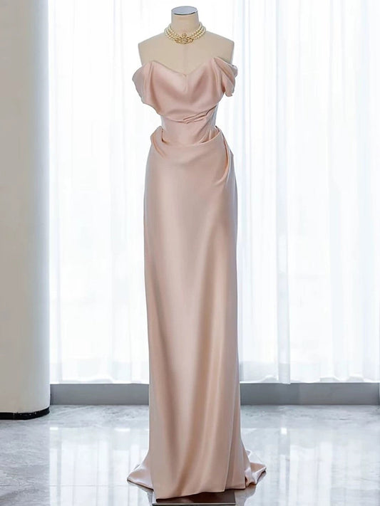Pink Chic Satin Off Shoulder Long Party Dress, Pink Satin Evening Dress Prom Dress
