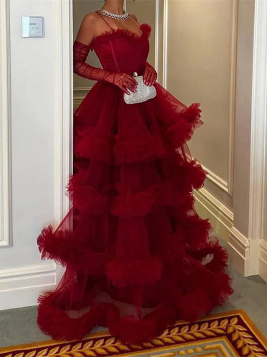 Wine Red Sweetheart Tulle Straps Long Party Dress, Wine Red Tulle A-line Prom Dress Formal Dress
