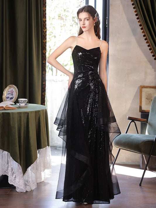 Black Sequins A-line Beaded Long Party Dress with Leg Slit, Black Sequins Prom Dress