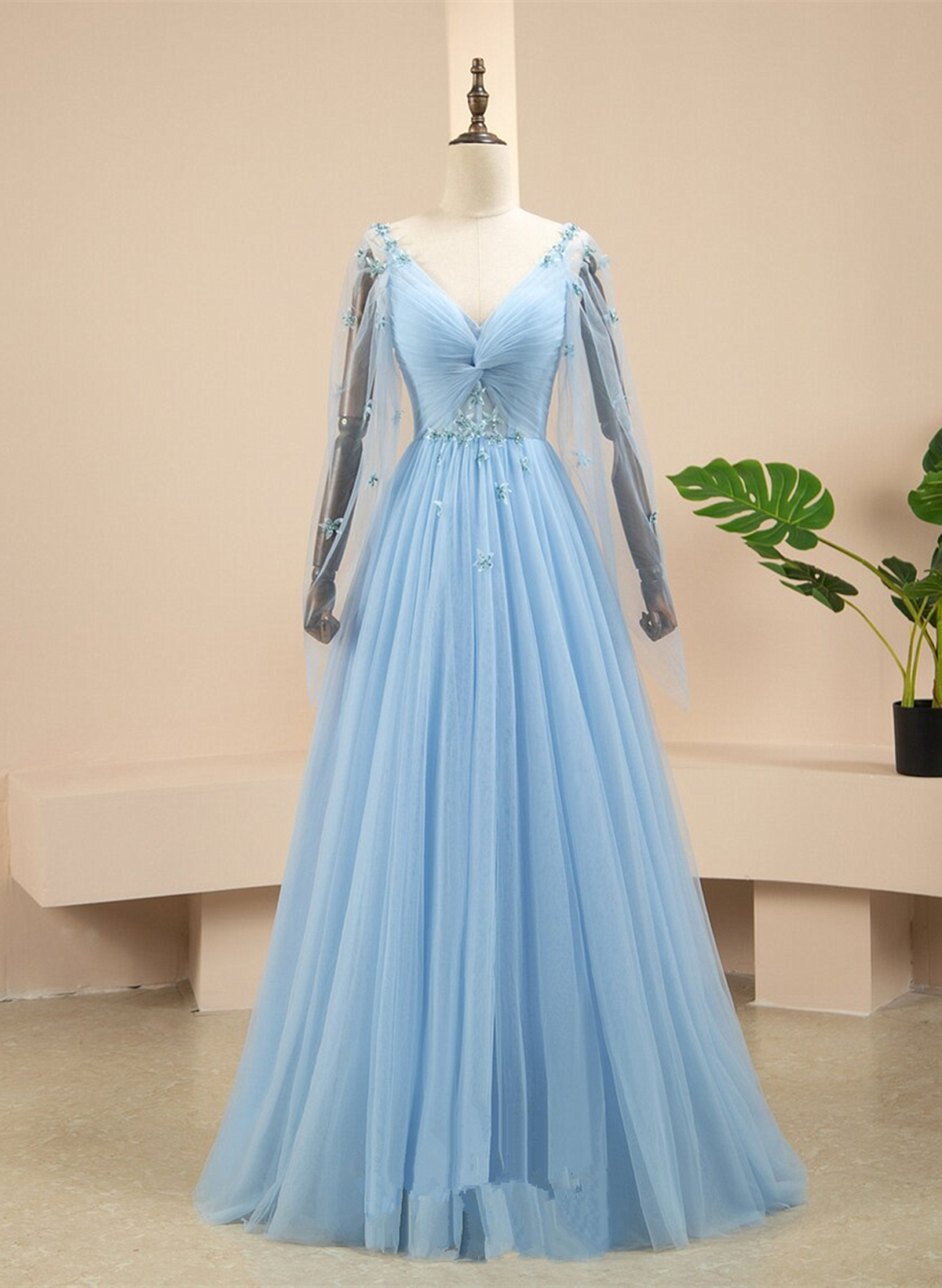 Pretty Light Blue A-line Puffy Sleeves Party Dress, Light Blue Evening