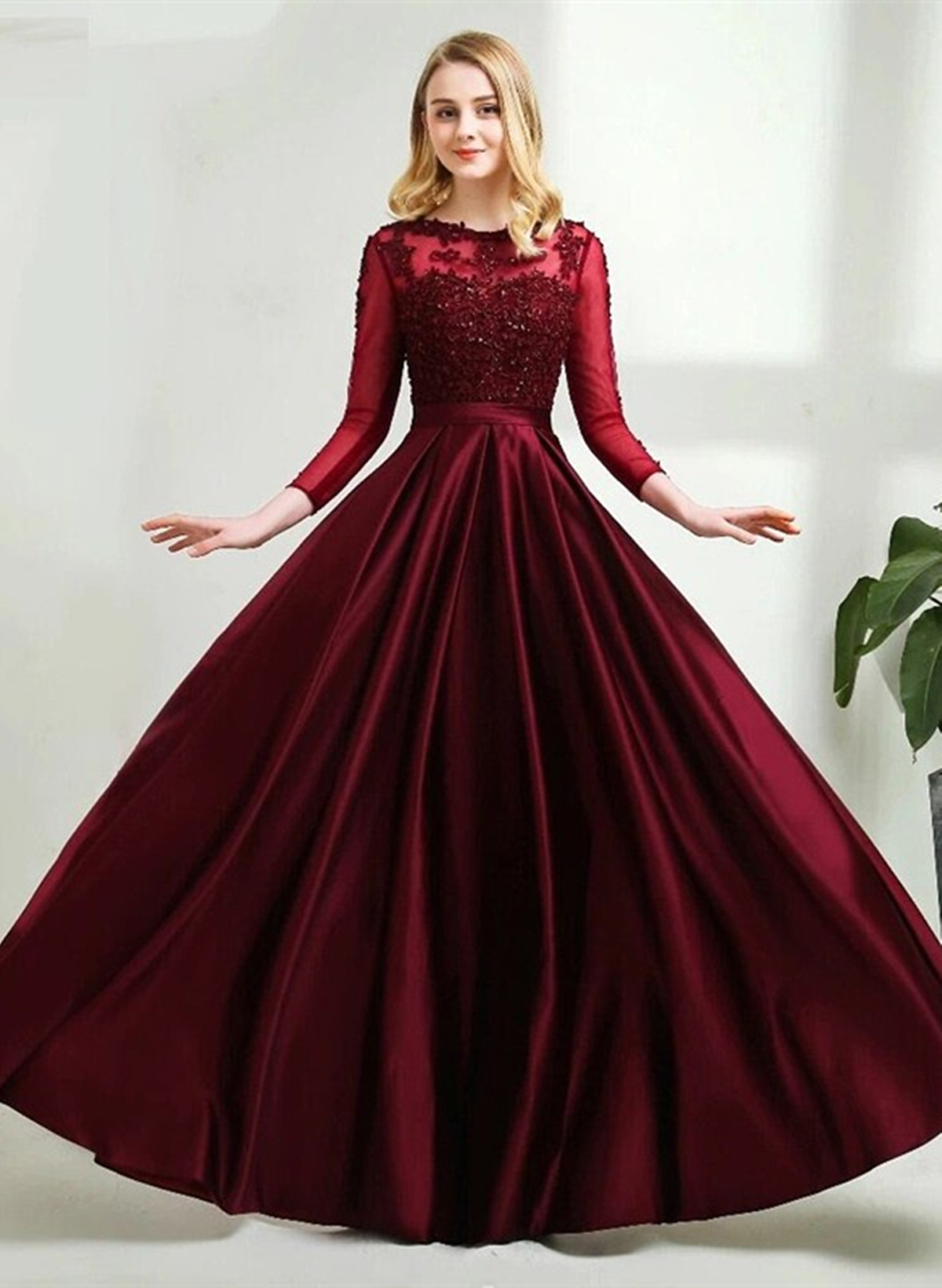 Burgundy Satin and Lace Long Sleeves Party Dress, Burgundy Evening Dre Formaldressy Burgundy Satin and Lace Long Sleeves Party Dress, Burgundy Evening Dre Formaldressy
