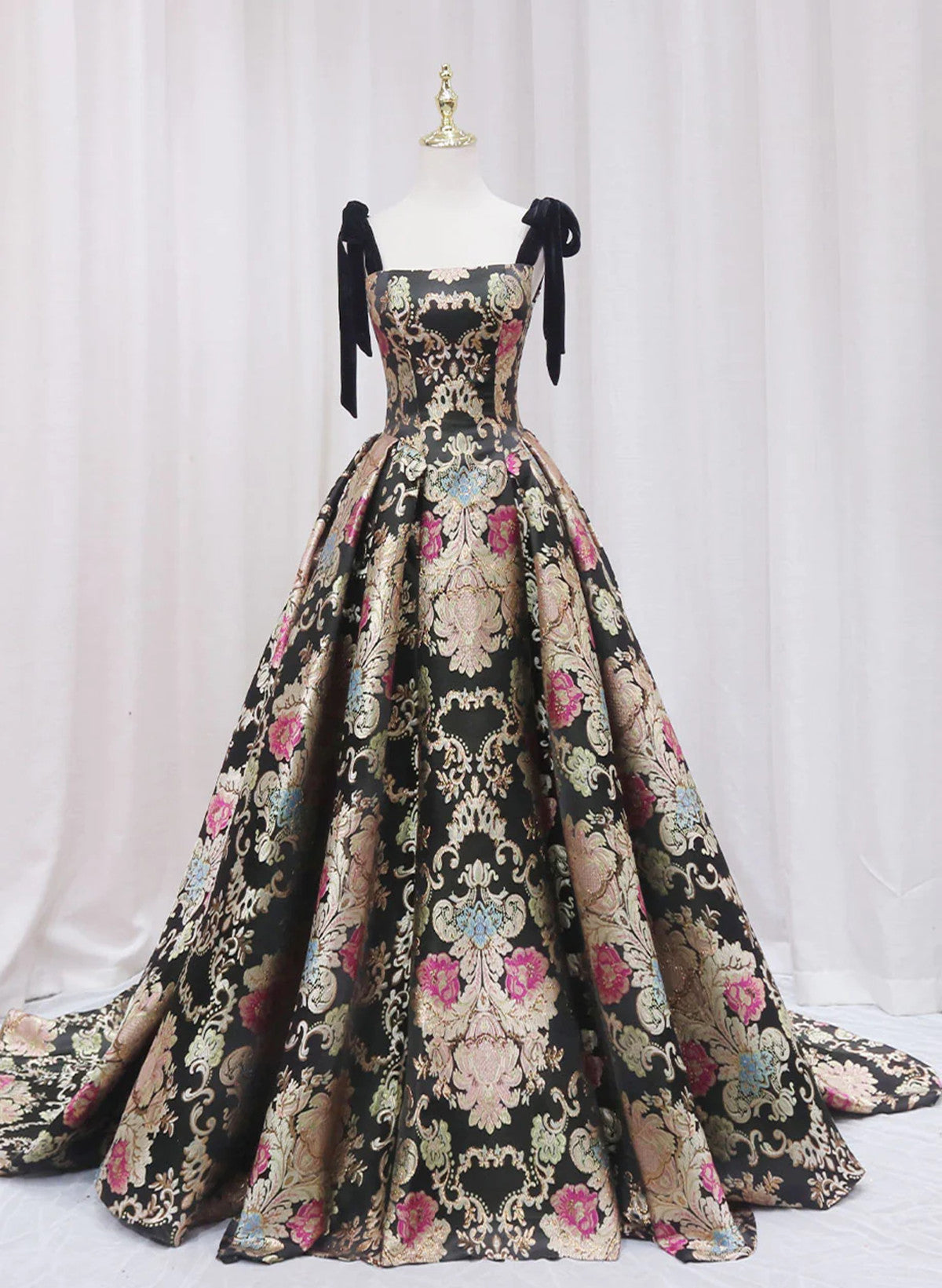 Black Satin Straps A-line Floral Long Formal Dress, Black Evening Dres