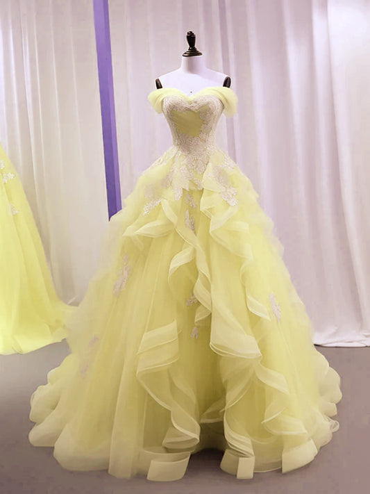 Yellow Tulle with Lace Sweetheart Long Formal Dress, Yellow Tulle Prom Dress