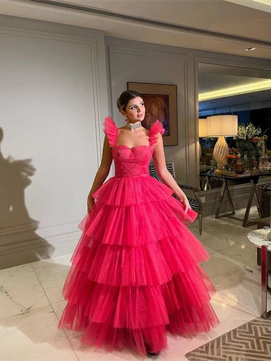 Pink Tulle Straps Layers Long Party Dress, Pink Tulle Prom Dress Evening Dress