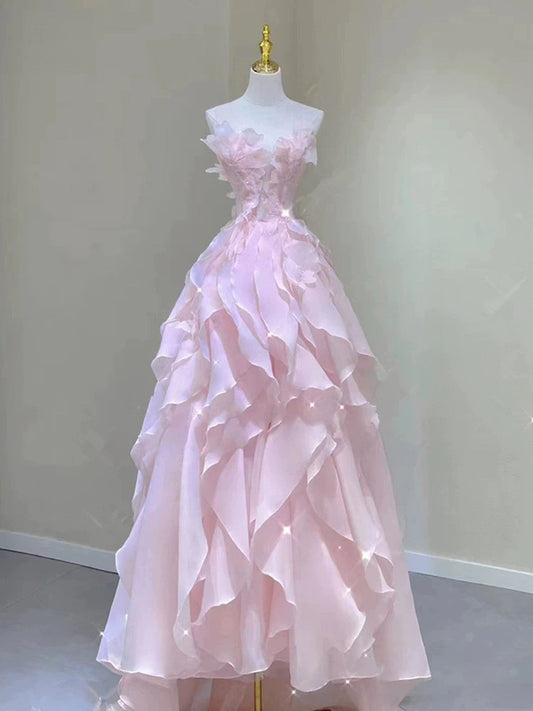 Pink A-line Layers Organza Long Prom Dress Party Dress, Pink Round Evening Dress