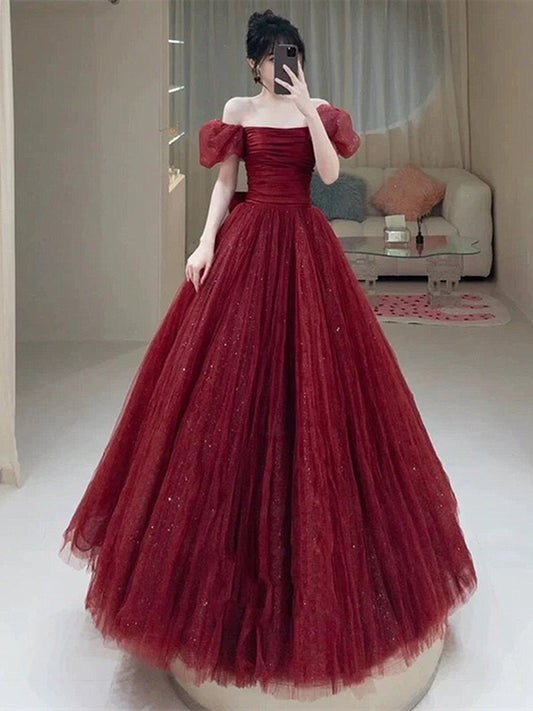 Wine Red Tulle Short Sleeves A-line Tulle Prom Dress, Wine Red Lace-up Long Party Dress
