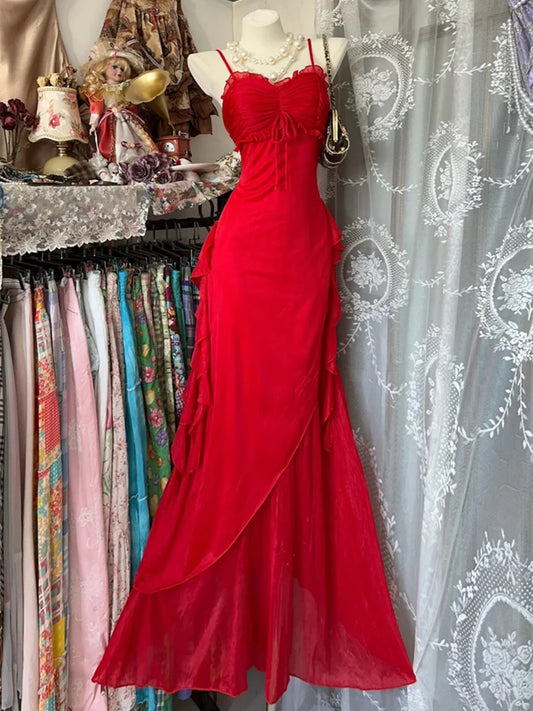 Red Chiffon Straps Long Evening Dress Prom Dress, Red Floor Length Party Dress