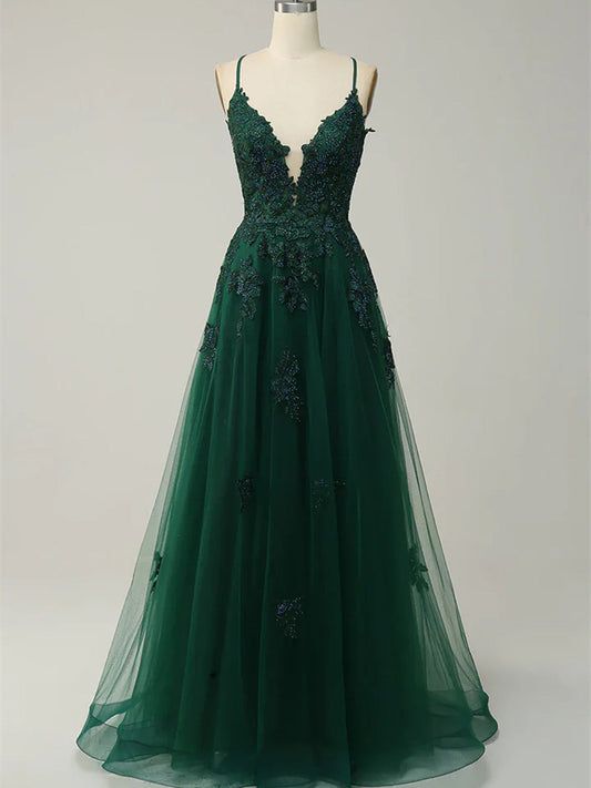 A-line Green Tulle with Lace Applique Long Prom Dress, Green Tulle Evening Dress
