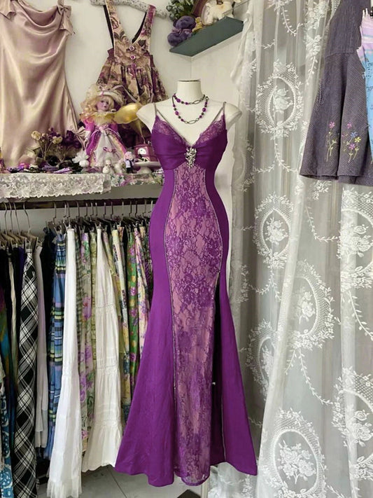 Purple Mermaid Lace Straps Long Party Dress, Purple A-line Prom Dress Evening Dress