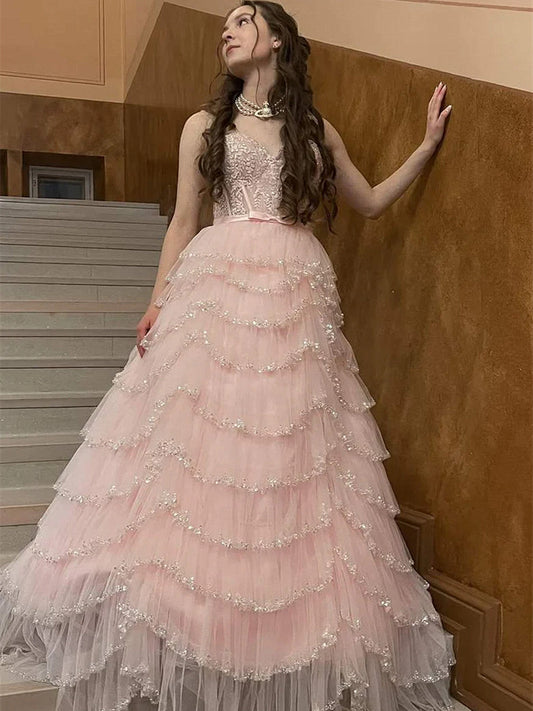 A-line Pink Fairy Sweetheart Layers Long Prom Dress, Pink Long Evening Dress Party Dress