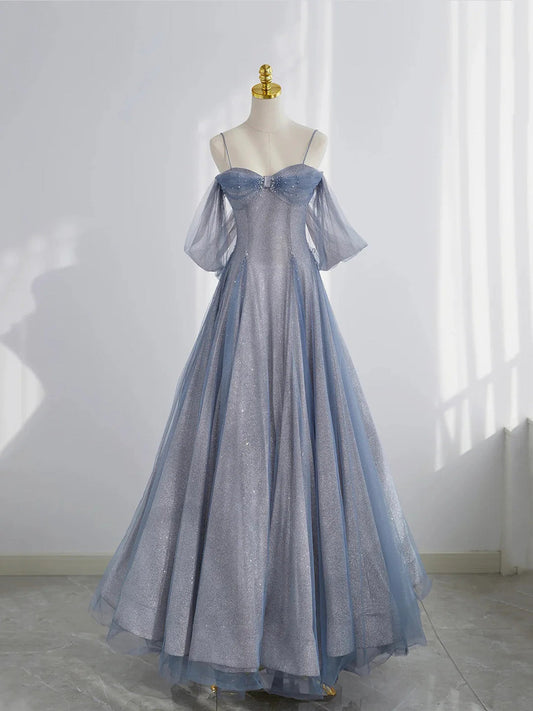 Glitter Blue Tulle A-Line Evening Dress, Blue Off Shoulder Prom Dress with Puff Sleeves