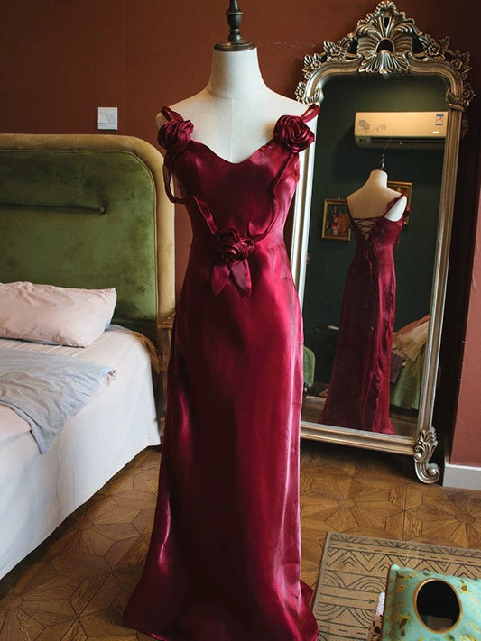 Wine Red Satin V-neckline Straps Party Dress Evening Dress, Wine Red Satin Prom Dress