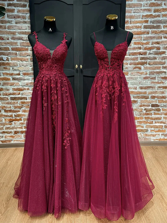 Wine Red V-neckline Tulle with Lace Applique Party Dress, Wine Red Prom Dress