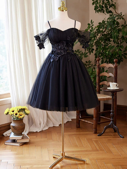 Navy Blue Knee Length Sweetheart Flowers Party Dress, Navy Blue Homecoming Dress