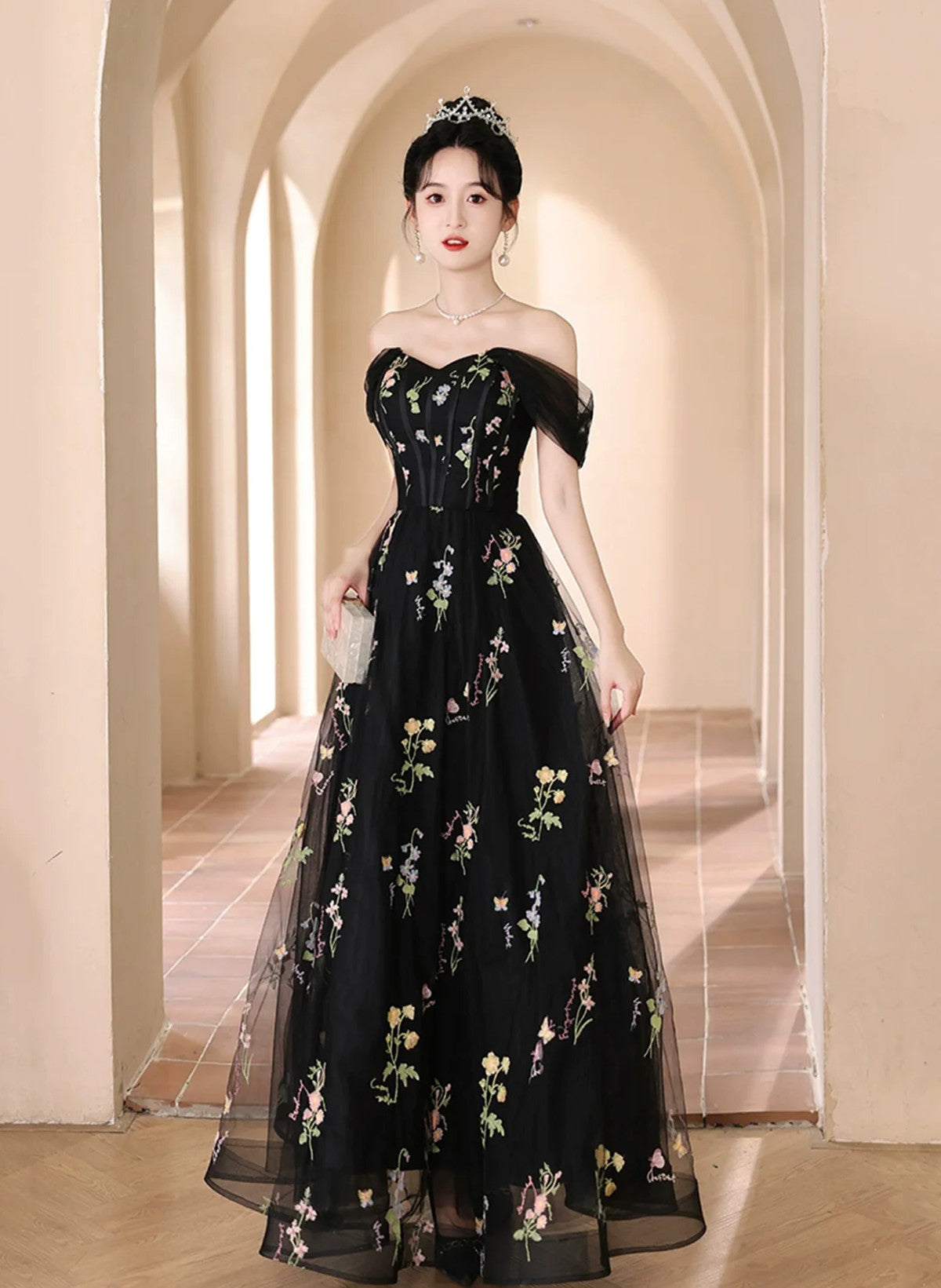 A-line Black Floral Tulle Floor Length Prom Dress, Off the Shoulder Ev Formaldressy A-line Black Floral Tulle Floor Length Prom Dress, Off the Shoulder Ev Formaldressy