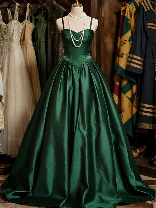 Green Sweetheart Satin Straps Long Evening Dress, Green Satin Straps Prom Dress
