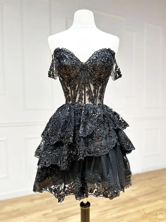 Black Sweetheart Tulle with Lace Knee Length Homecoming Dress, Black Short Party Dress