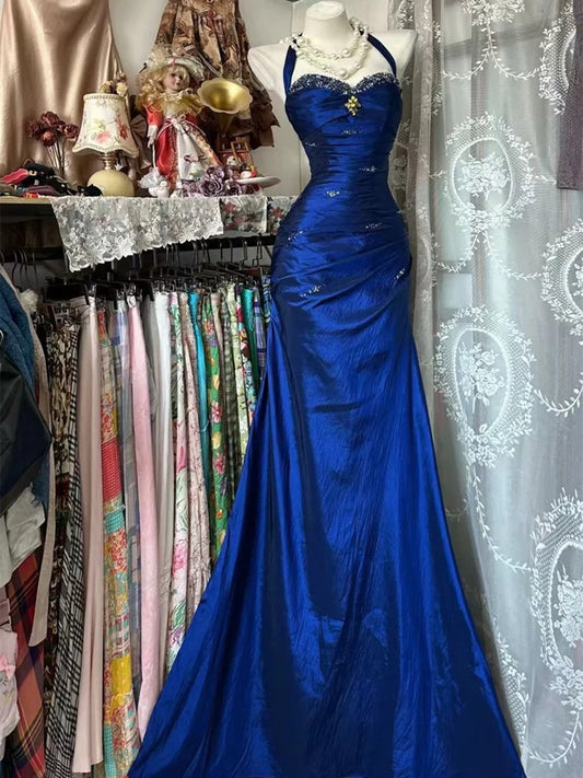 Blue Beaded Halter Mermaid Satin Long Formal Dress, Blue Satin Sweetheart Prom Dress