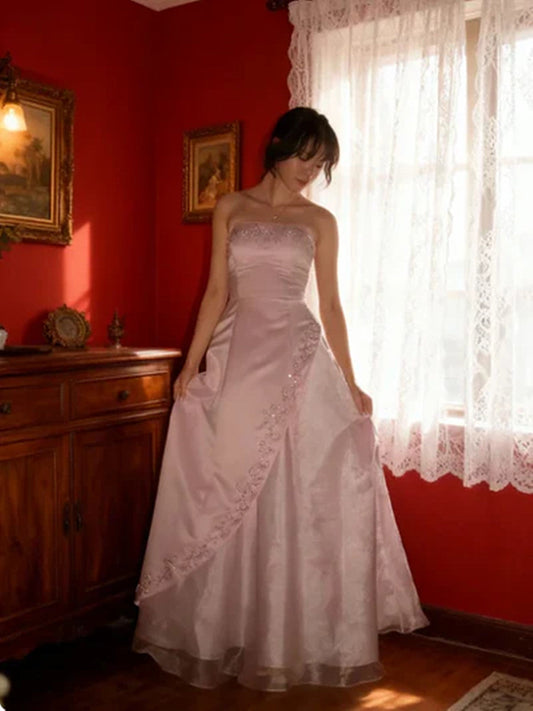 Elegant Strapless Satin Pink Prom Gown, Embroidered A-Line Long Evening Dress