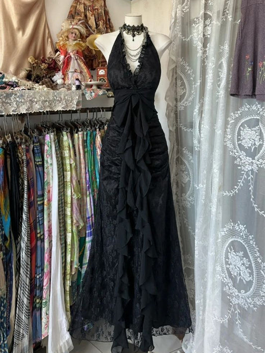 Black Lace V-neckline A-line Halter Party Dress, Black Vintage Style Prom Dress