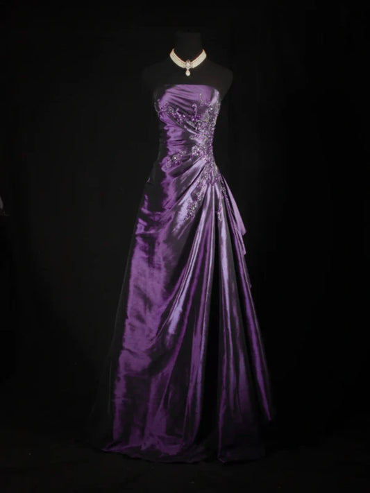 Purple Beaded Strapless Taffeta Long Formal Dress, Purple Beaded A-line Prom Dress