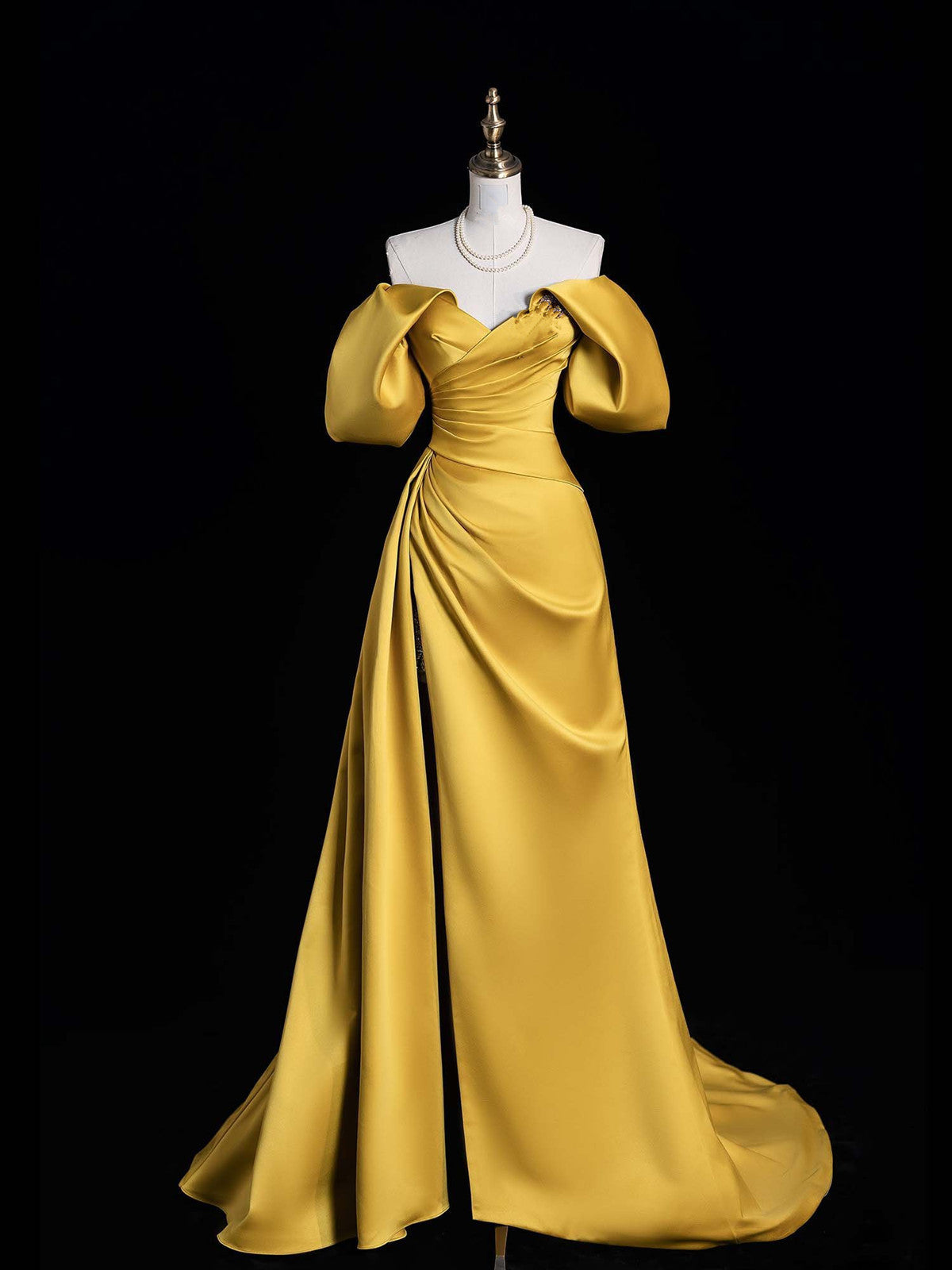 Gold Satin Off Shoulder A-line Party Dress Prom Dress, Gold Satin Part