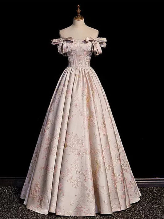 Lovely Pink Statin Off Shoulder Floral Long Party Dress, Pink Sweetheart Prom Dress Evening Dress