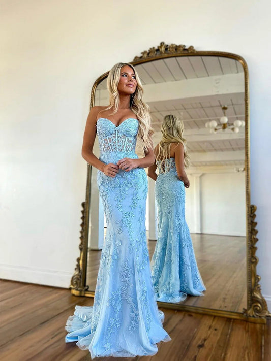 Blue Lace and Tulle Sweetheart Long Formal Dress, Blue Strapless Lace-up Prom Dress