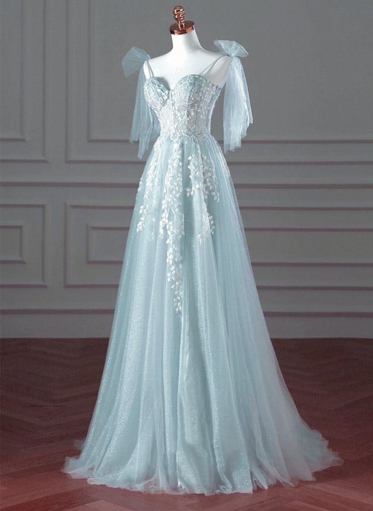 Pretty Mint Blue Tulle with Lace A-line Long Party Dress, Mint Blue Prom Dress Fornal Dress