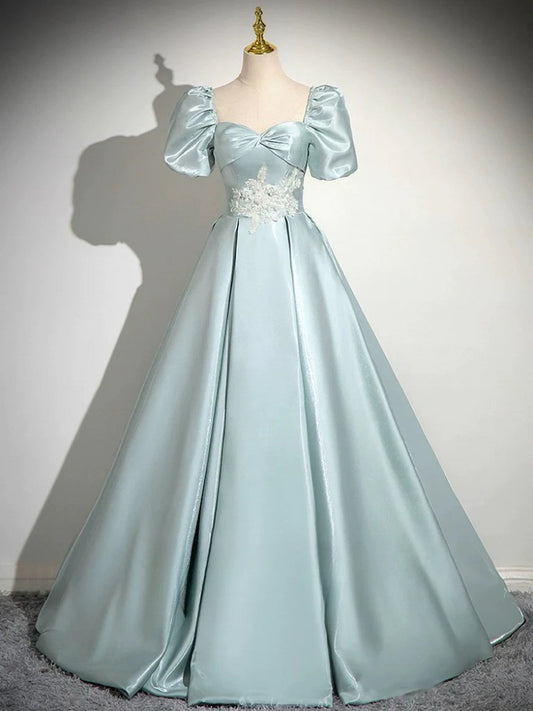 Beautiful Satin Short Sleeves Party Dress, A-line Green Satin Prom Dress with Lace Applique