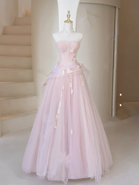 Lovely A-line Tulle Strapless Long Party Dress with Lace, Pink Tulle Prom Dress