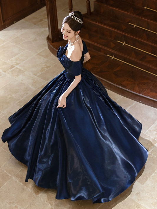 A-line Blue Satin Off Shoulder Long Prom Dress, Blue Satin Evening Dress Formal Dress