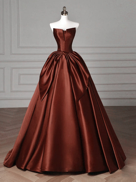 Brown Satin Strapless Long Formal Dress Evening Dress, Brown Satin Prom Dress