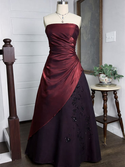 Elegant Strapless Ruched Long Prom Dress, Ruched Satin Party Dress with Asymmetric Beaded Floral Embroidery