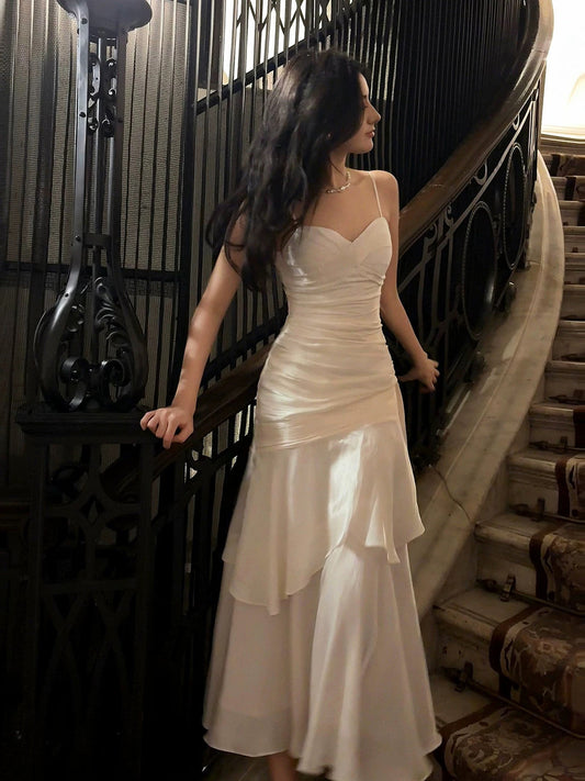 White Satin Sweetheart Mermaid Long Party Dress, White Straps Floor Length Formal Dress