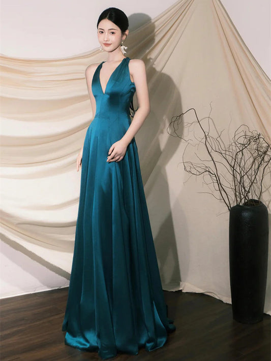 Cute V-neck Satin Long Prom Dress, Blue A-Line Low Back Evening Party Dress