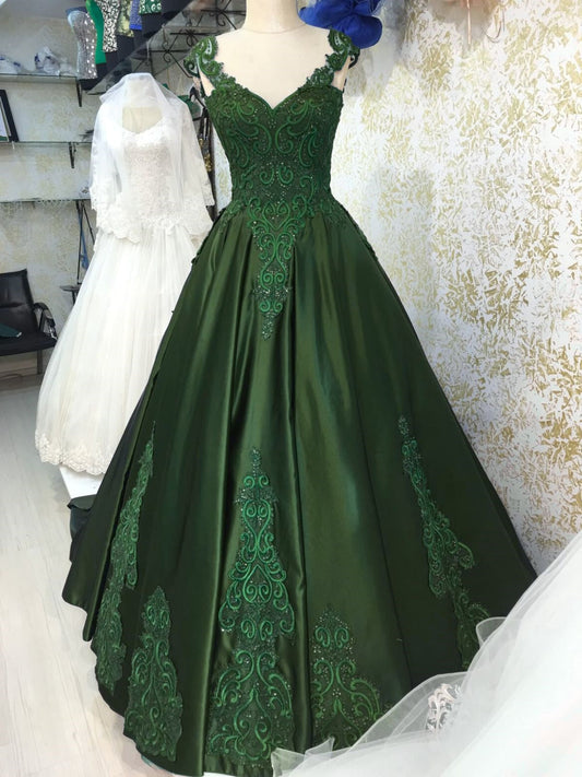 Green Satin A-line with Lace Applique Prom Dress, A-line Green Sweetheart 16 Dress