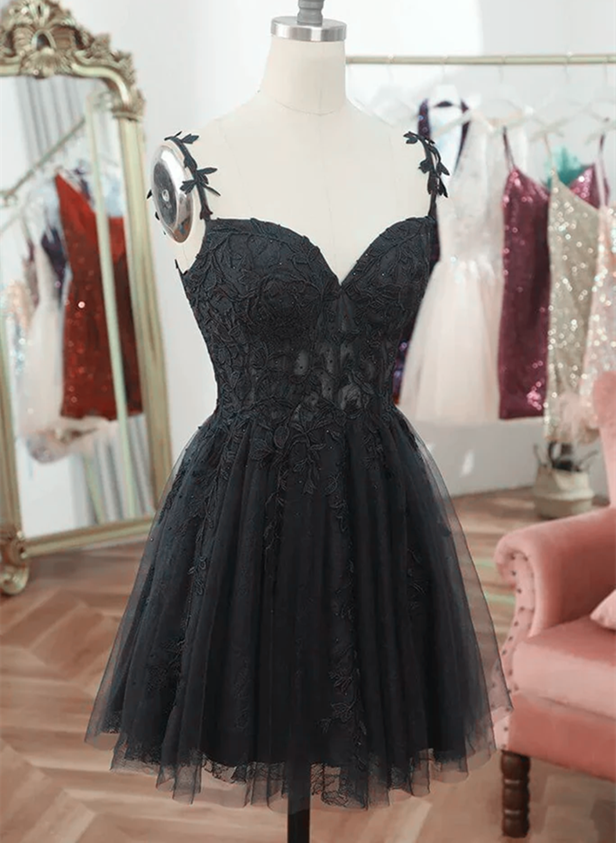 Black V Neck Beaded Tulle and Lace Prom Dress, Cute Black Homecoming D