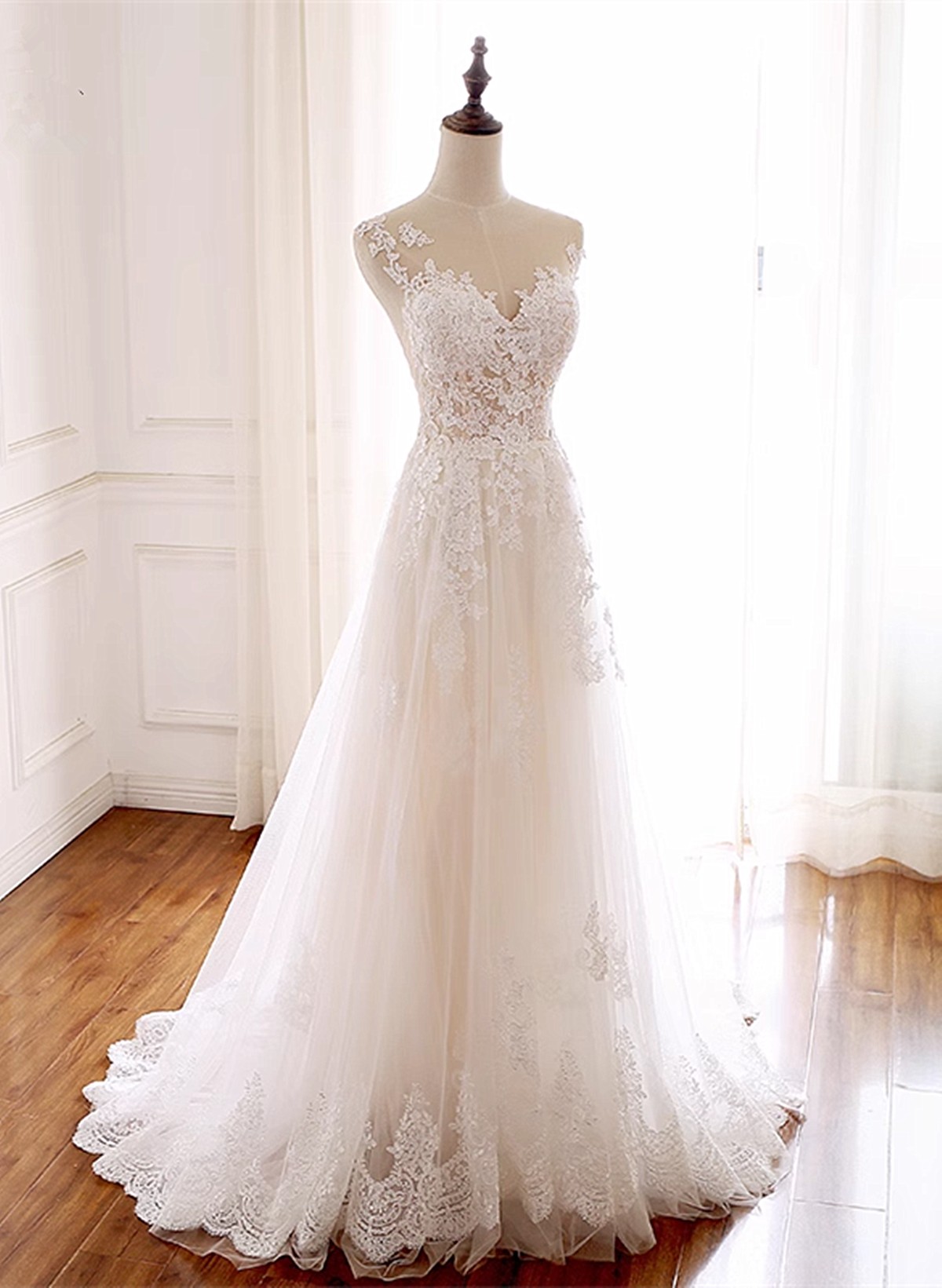 ivory lace party dress A-line Ivory Lace V-neckline Long Prom Dress, Ivory Party Dress