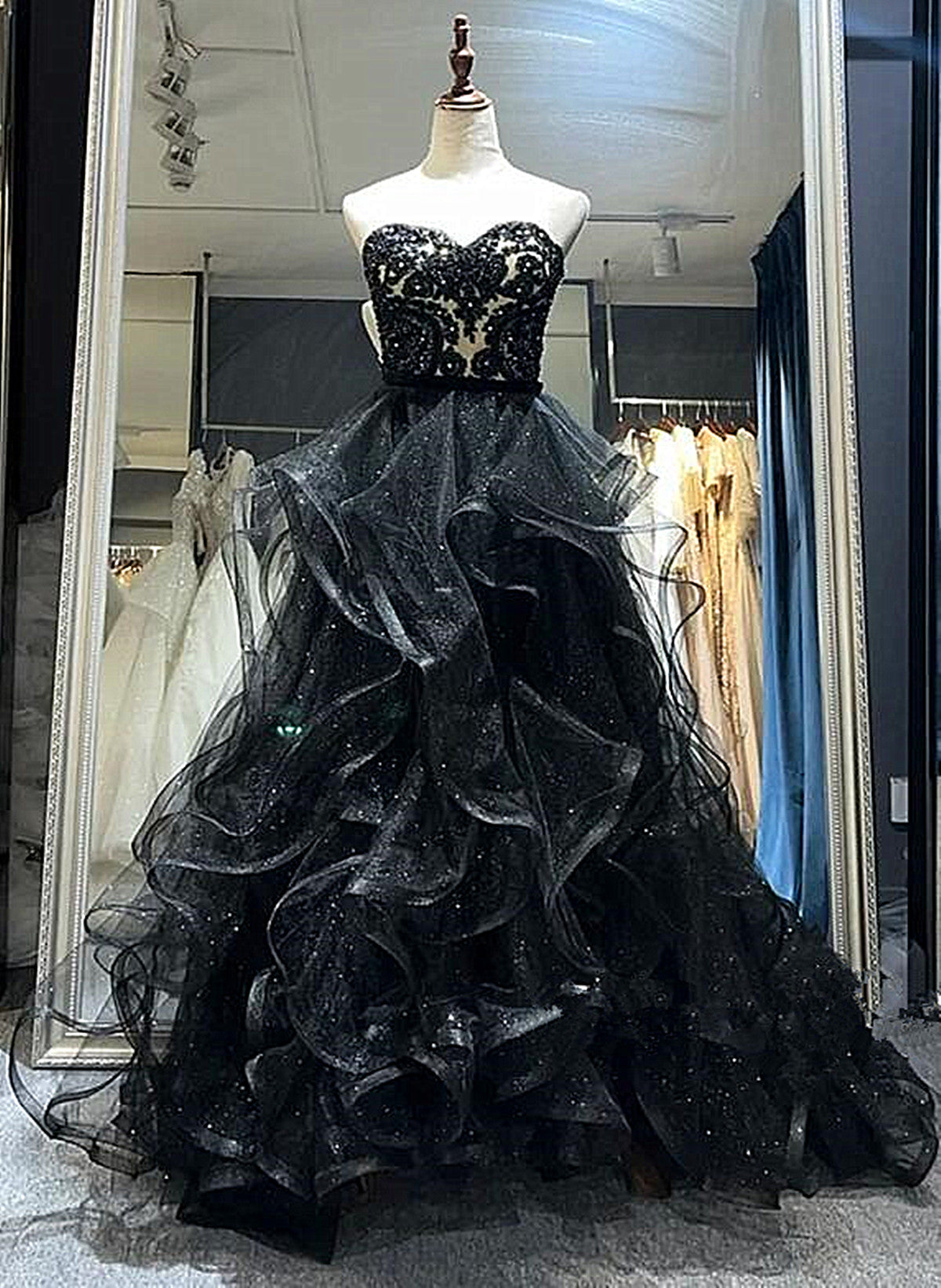 black tulle layered prom dress Princess Sweetheart Neck Strapless Black Tulle Long Prom Dress, Layered Black Formal Evening Dress, Ball Gown A2055