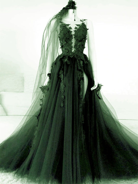A-line Tulle Green Long Party Dress with Lace Applique, Green Tulle Evening Dress Prom Dress