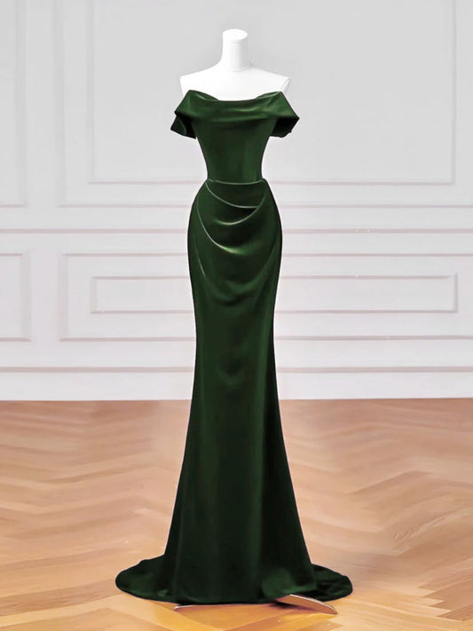 Green Velvet Off Shoulder Mermaid Long Formal Dress, Green Velvet Wedding Party Dress