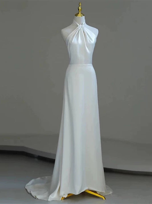 White Satin Halter A-line Long Beaded Low Back Party Dress, White Wedding Party Dress