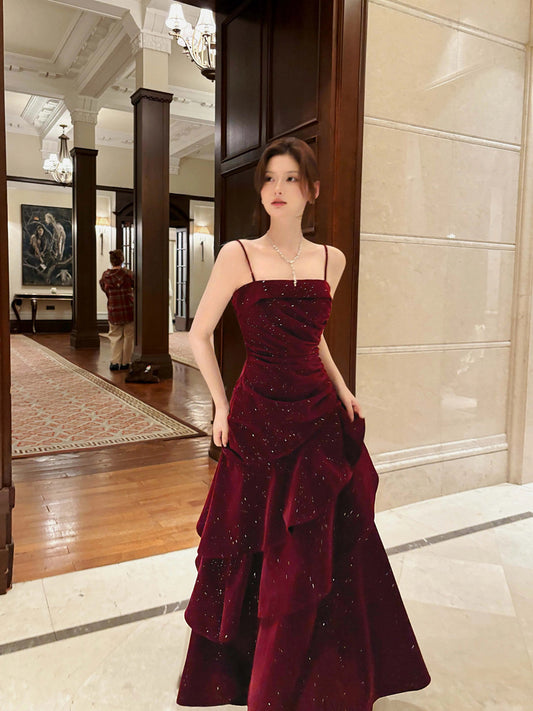 Wine Red Velvet Straps Layers Long Formal Dress, Wine Red Velvet Floor Length Prom Dress