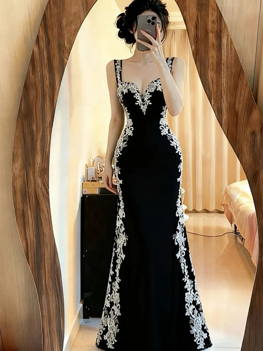 Chic Black Mermaid Spandex Straps with Lace Evening Dress, Black Long Prom Dress
