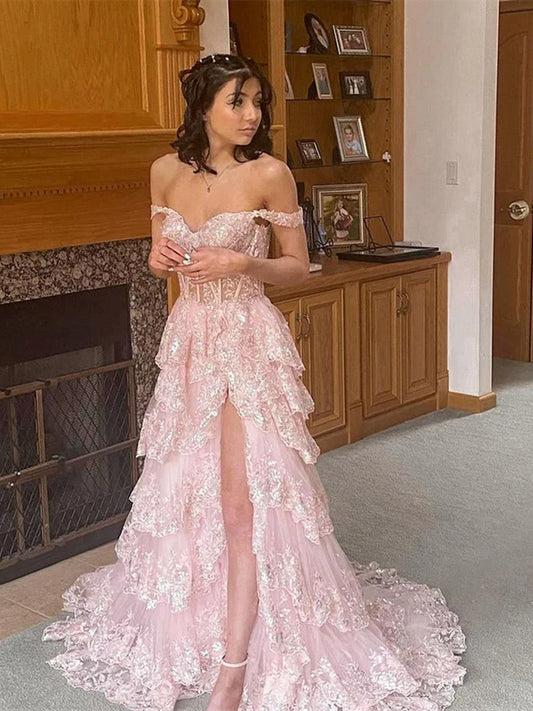 A-line Pink Off Shoulder Sweetheart Long Prom Dress, Pink Tulle Layers Formal Dress